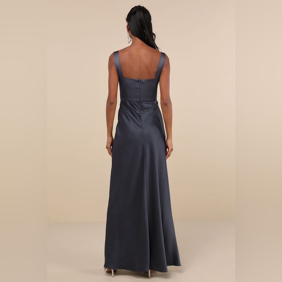 LULU’S Red Carpet Romance Dark Grey Satin Square Neck Maxi Dress - Picture 3 of 5